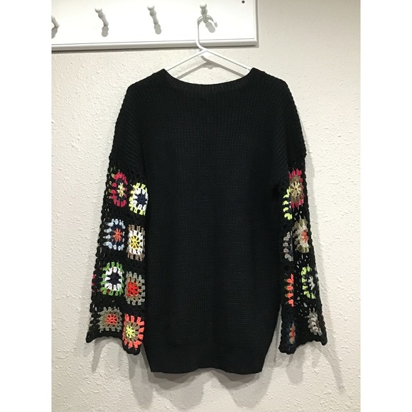 Black Oversized Granny Square Crochet Sweater Flare Sleeve Boho Indie Women's S - Picture 8 of 8